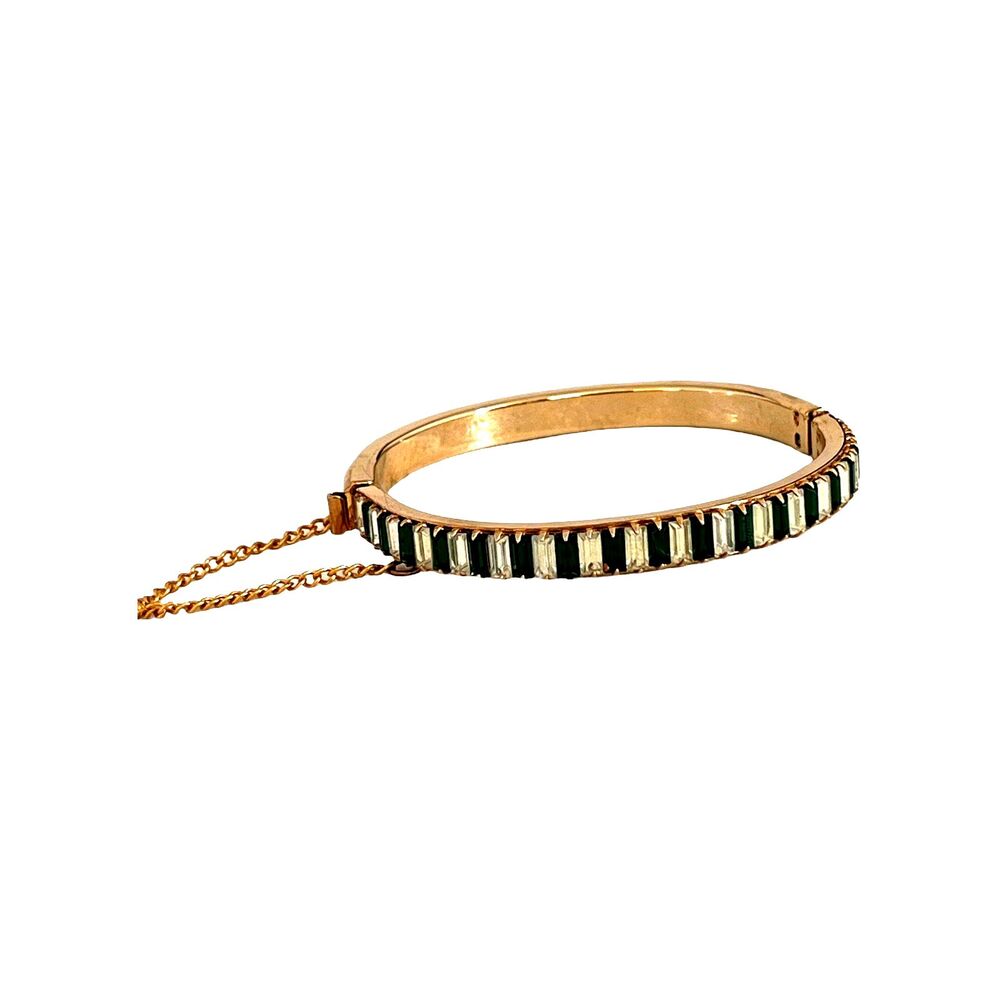 Vintage 1960s Clamper Bracelet Green & Clear Rhinestone Baguette Gold Tone - 15A